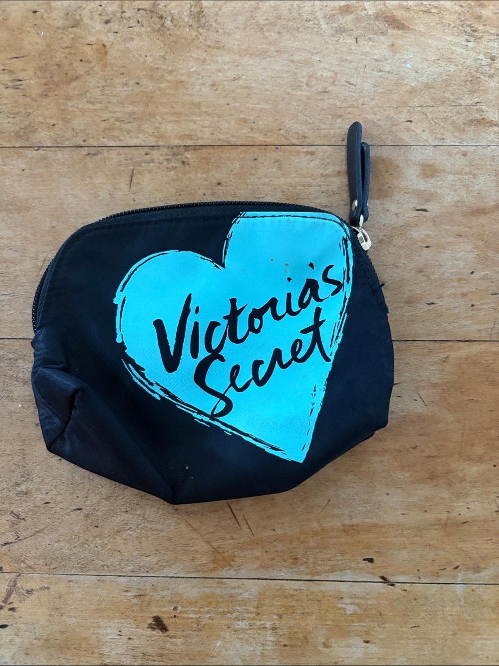 Victoria's Secret Black Cosmetic Pouch with Teal Heart Graphic